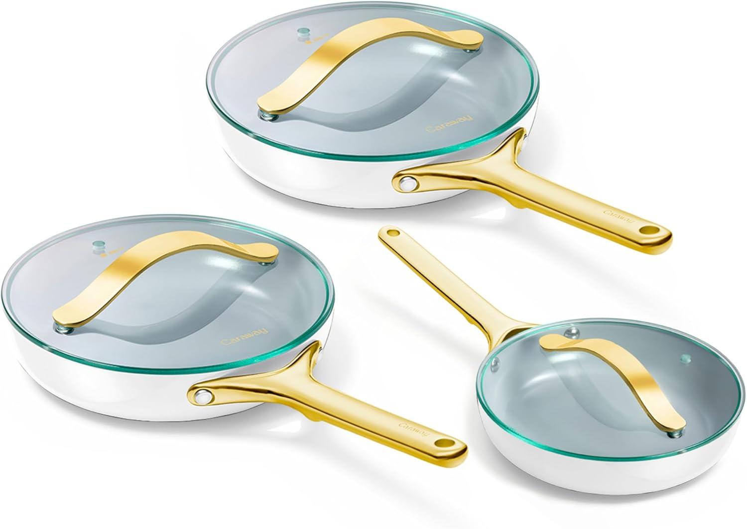 imageCaraway Ceramic Fry Pan Duo with Glass Lids NonStick Frying Pans 105 amp 8 Non Toxic PTFE amp PFOA Free Oven Safe amp Compatible with All Stovetops CreamWhite