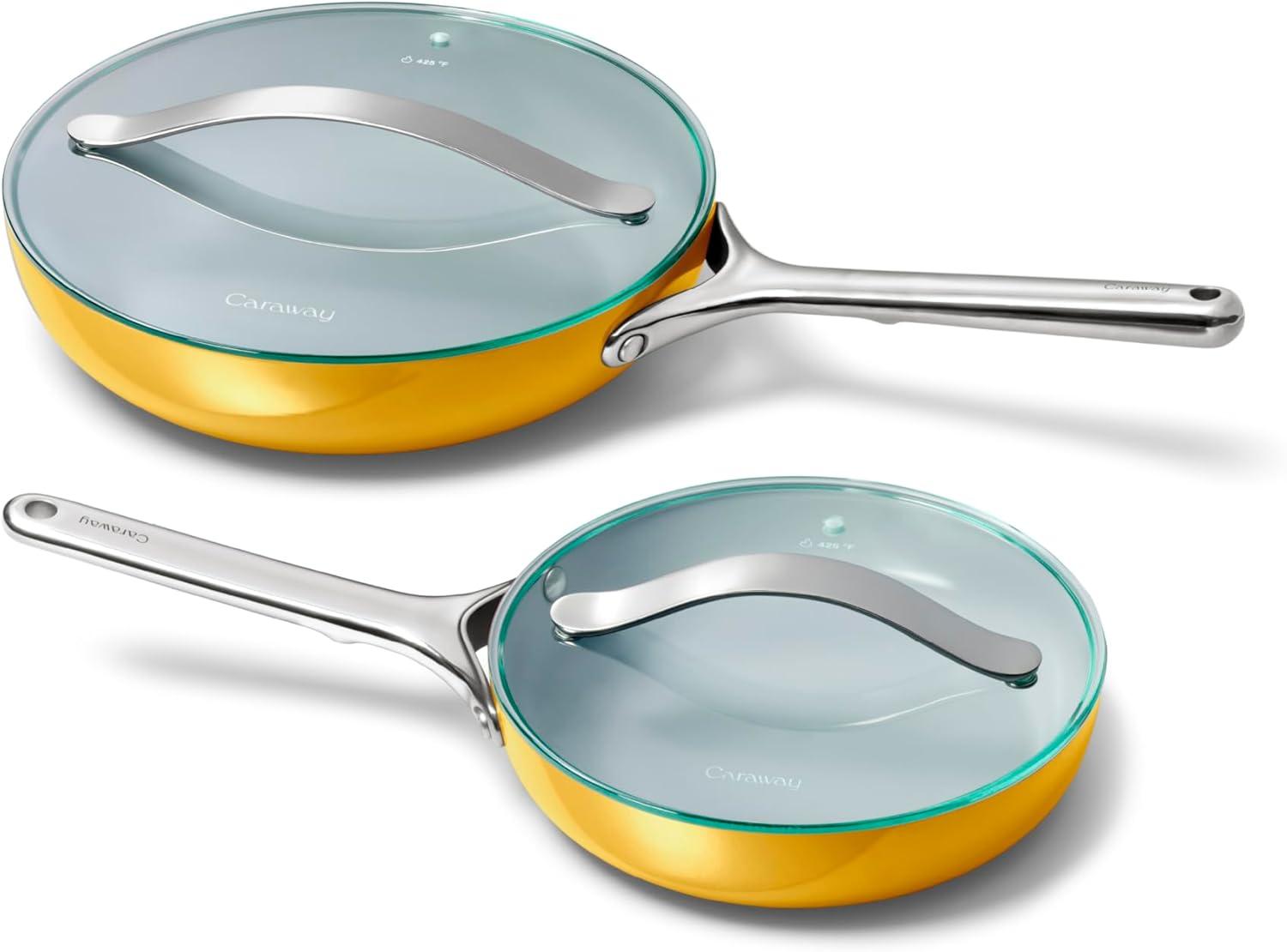 imageCaraway Ceramic Fry Pan Duo with Glass Lids NonStick Frying Pans 105 amp 8 Non Toxic PTFE amp PFOA Free Oven Safe amp Compatible with All Stovetops CreamMarigold