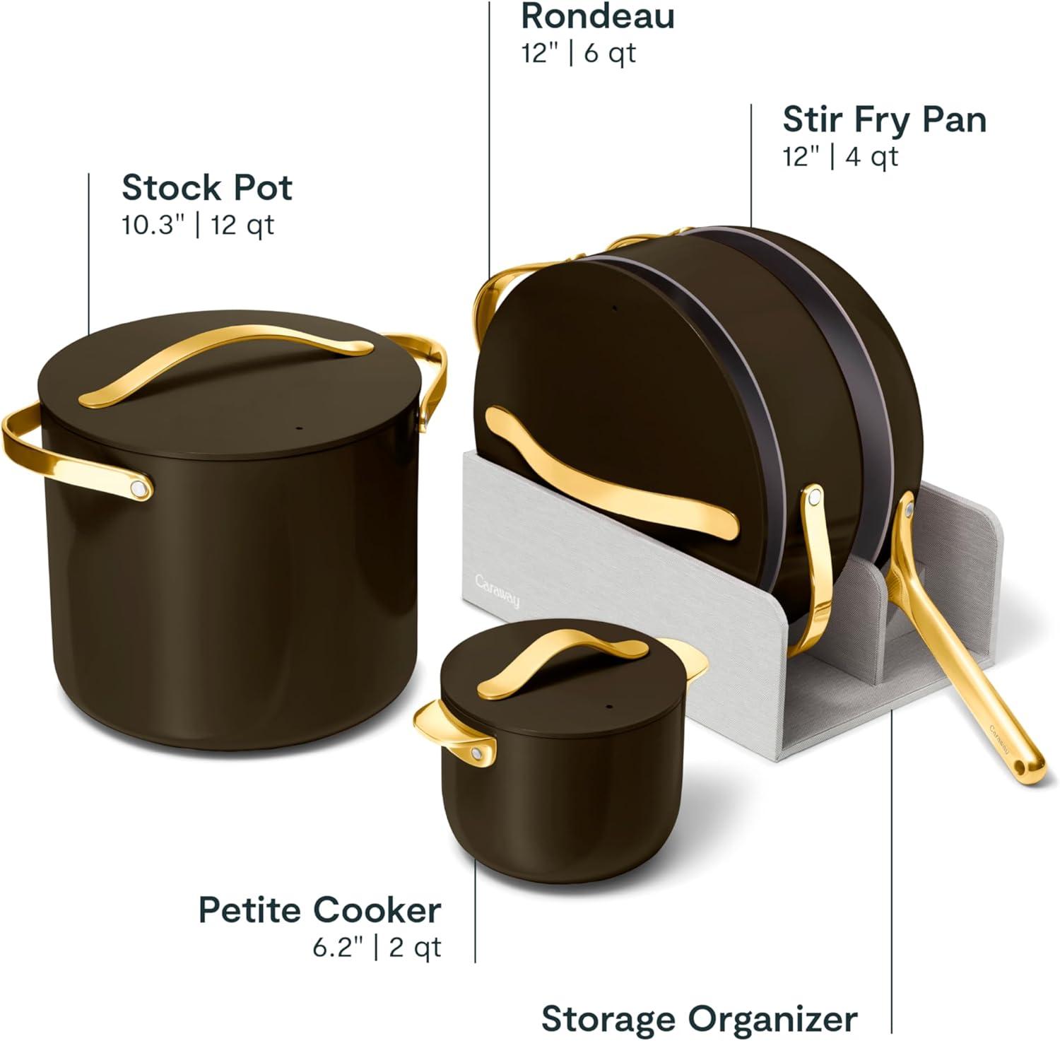 imageCaraway Cookware Collection Specialty Cookware Set Petite Cooker Stir Fry Pan Rondeau amp Stock Pot 3 Lids amp Storage Organizer Included CreamBlack