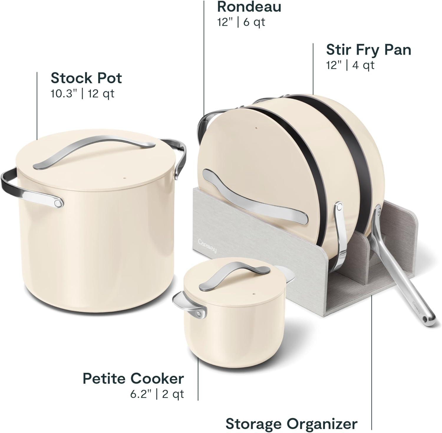 imageCaraway Cookware Collection Specialty Cookware Set Petite Cooker Stir Fry Pan Rondeau amp Stock Pot 3 Lids amp Storage Organizer Included CreamCream