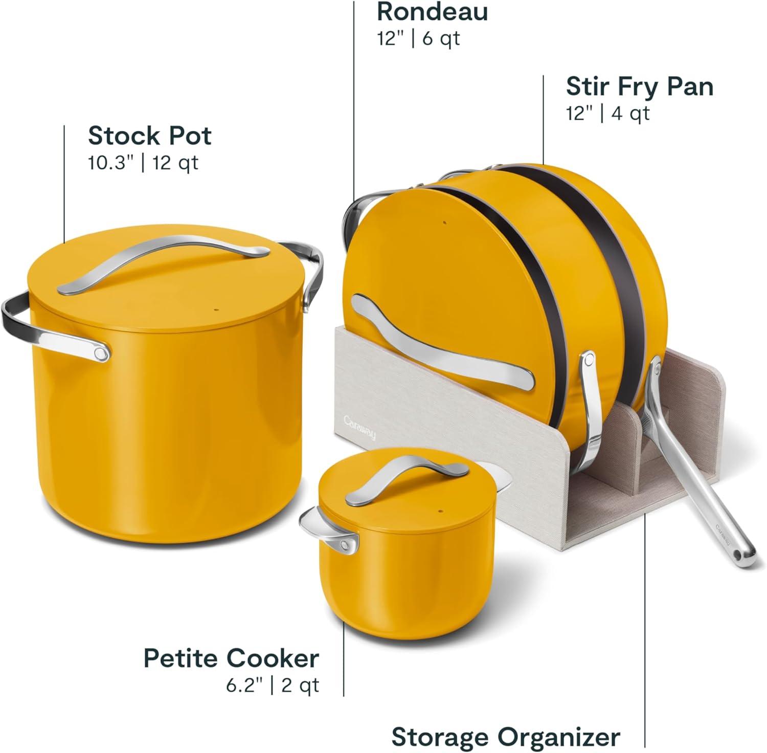 imageCaraway Cookware Collection Specialty Cookware Set Petite Cooker Stir Fry Pan Rondeau amp Stock Pot 3 Lids amp Storage Organizer Included CreamMarigold
