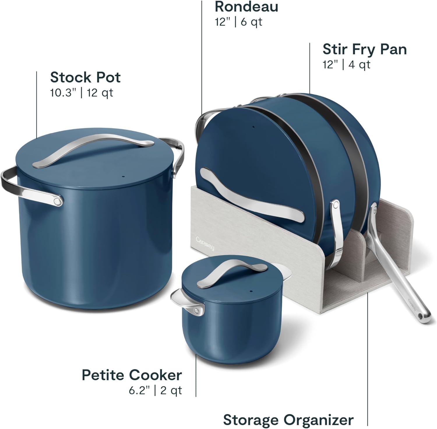 imageCaraway Cookware Collection Specialty Cookware Set Petite Cooker Stir Fry Pan Rondeau amp Stock Pot 3 Lids amp Storage Organizer Included CreamNavy