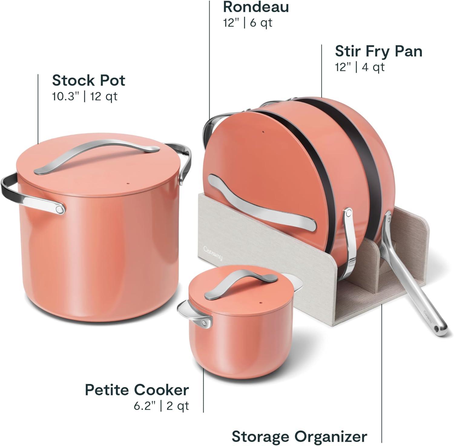 imageCaraway Cookware Collection Specialty Cookware Set Petite Cooker Stir Fry Pan Rondeau amp Stock Pot 3 Lids amp Storage Organizer Included CreamPerracotta