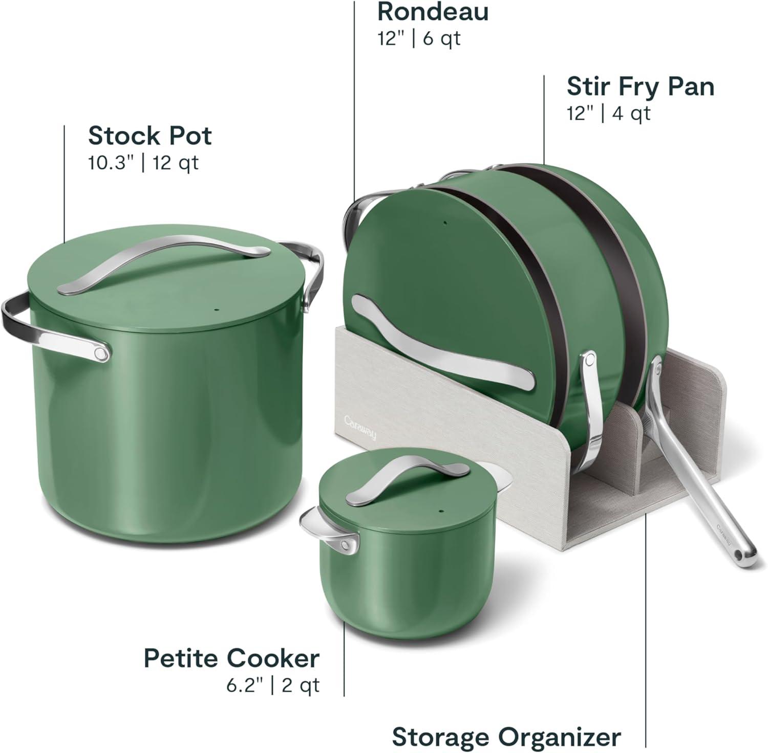 imageCaraway Cookware Collection Specialty Cookware Set Petite Cooker Stir Fry Pan Rondeau amp Stock Pot 3 Lids amp Storage Organizer Included CreamSage