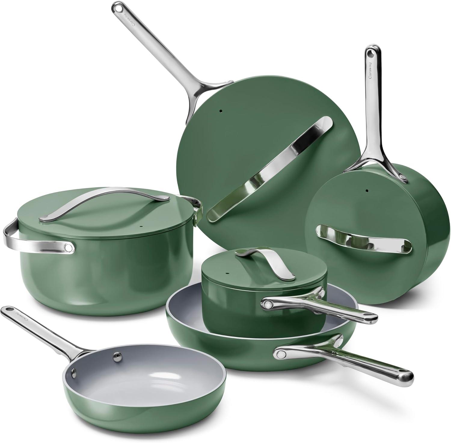 imageCaraway Deluxe Nonstick Ceramic Cookware Set 16 Piece Pots Frying Pans Lids and Kitchen Storage PFAS amp PFOA Free Oven Safe Pan Set amp Compatible with All Stovetops CreamSage