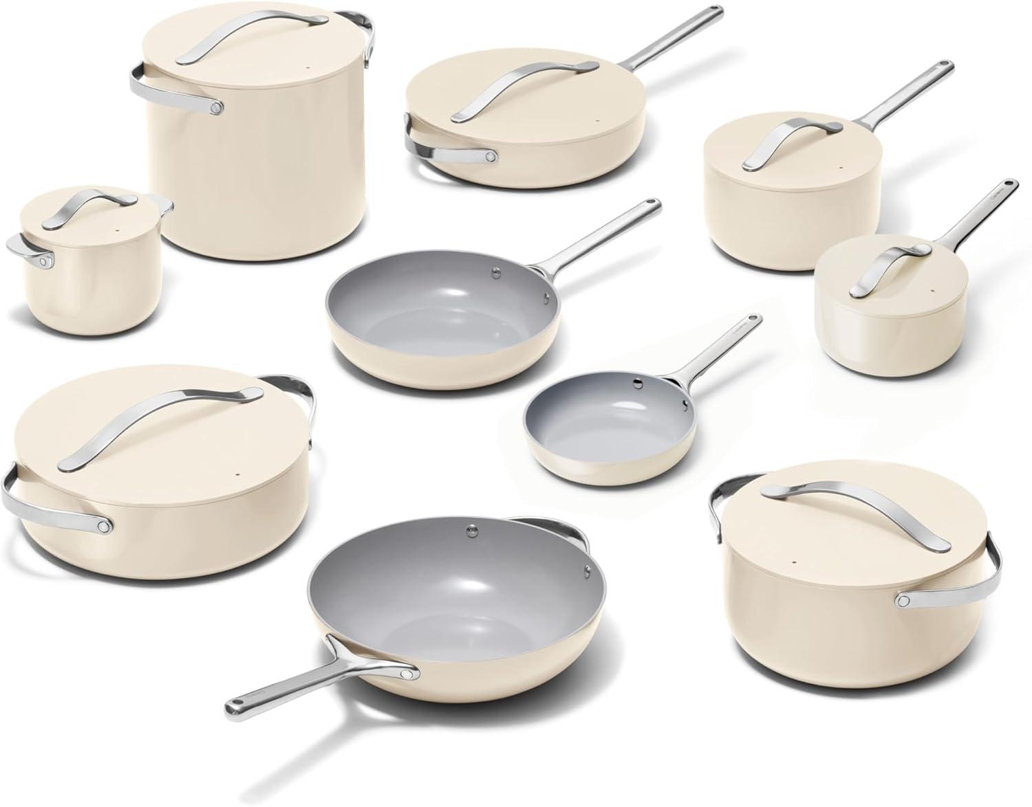 imageCaraway Deluxe Nonstick Ceramic Cookware Set 16 Piece Pots Frying Pans Lids and Kitchen Storage PFAS amp PFOA Free Oven Safe Pan Set amp Compatible with All Stovetops CreamCream