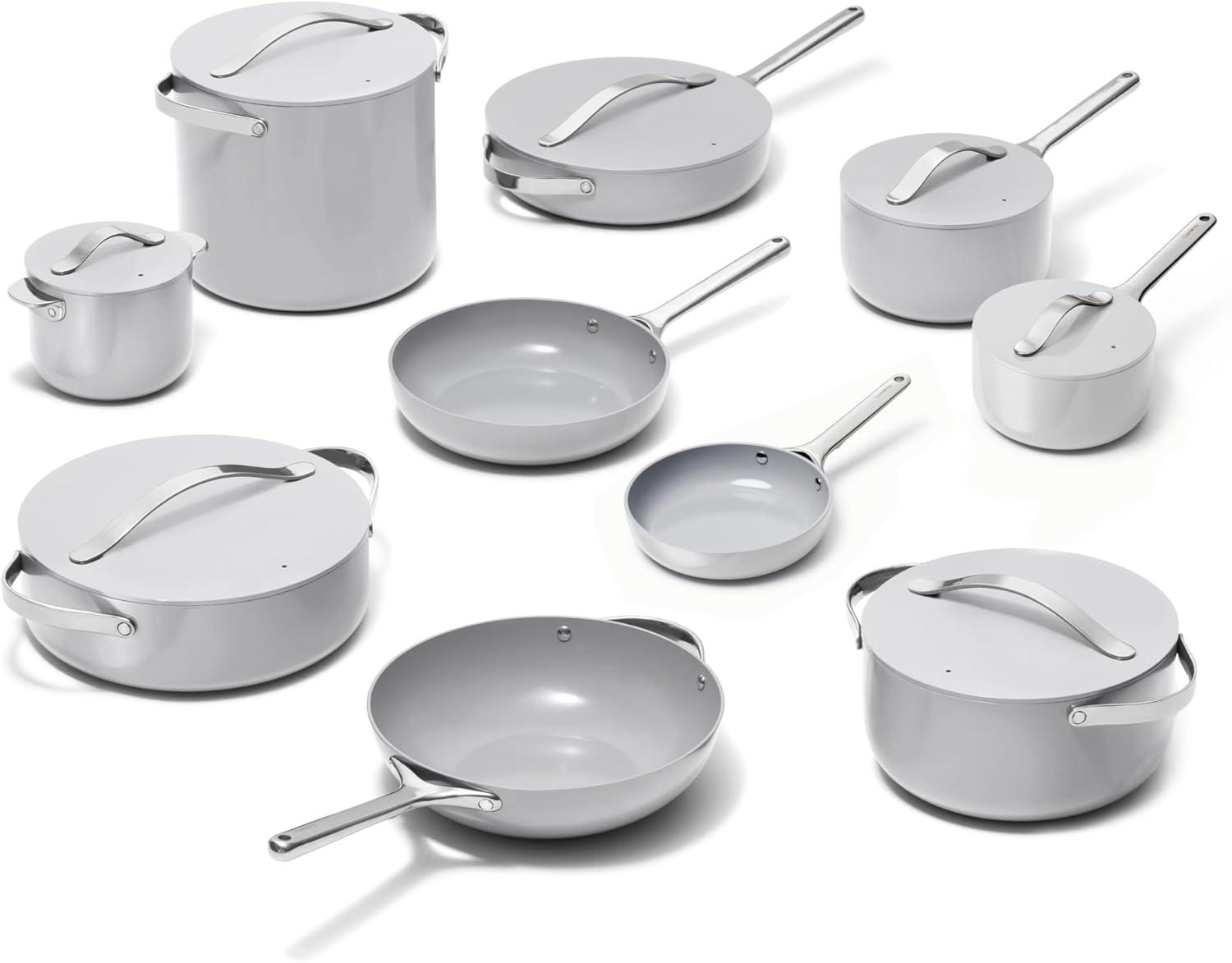 imageCaraway Deluxe Nonstick Ceramic Cookware Set 16 Piece Pots Frying Pans Lids and Kitchen Storage PFAS amp PFOA Free Oven Safe Pan Set amp Compatible with All Stovetops CreamGray
