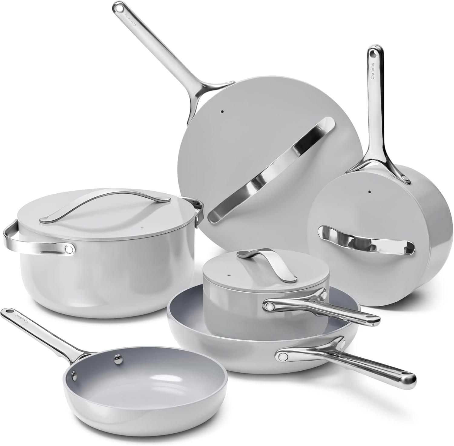 imageCaraway Deluxe Nonstick Ceramic Cookware Set 16 Piece Pots Frying Pans Lids and Kitchen Storage PFAS amp PFOA Free Oven Safe Pan Set amp Compatible with All Stovetops CreamGray
