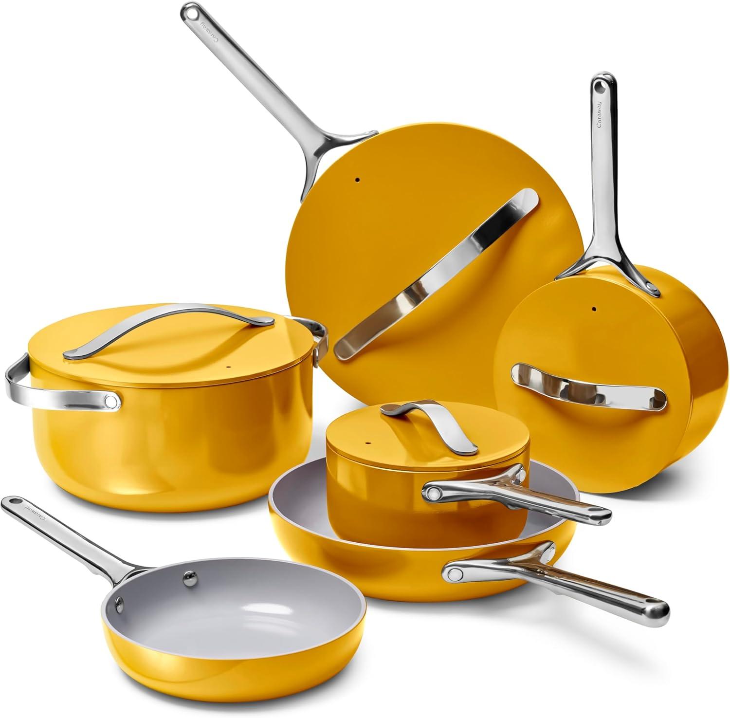 imageCaraway Deluxe Nonstick Ceramic Cookware Set 16 Piece Pots Frying Pans Lids and Kitchen Storage PFAS amp PFOA Free Oven Safe Pan Set amp Compatible with All Stovetops CreamMarigold