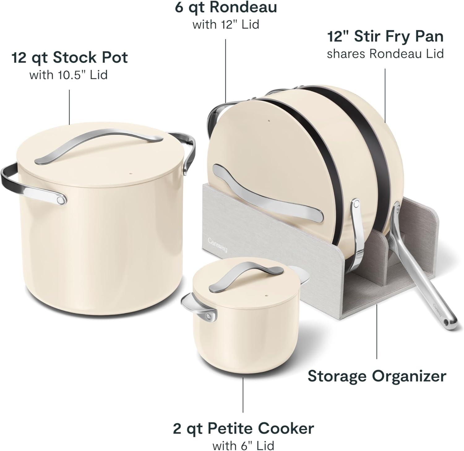 imageCaraway Deluxe Nonstick Ceramic Cookware Set 16 Piece Pots Frying Pans Lids and Kitchen Storage PFAS amp PFOA Free Oven Safe Pan Set amp Compatible with All Stovetops CreamCream