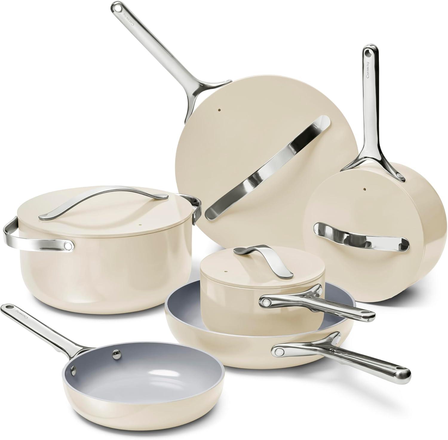 imageCaraway Deluxe Nonstick Ceramic Cookware Set 16 Piece Pots Frying Pans Lids and Kitchen Storage PFAS amp PFOA Free Oven Safe Pan Set amp Compatible with All Stovetops CreamCream