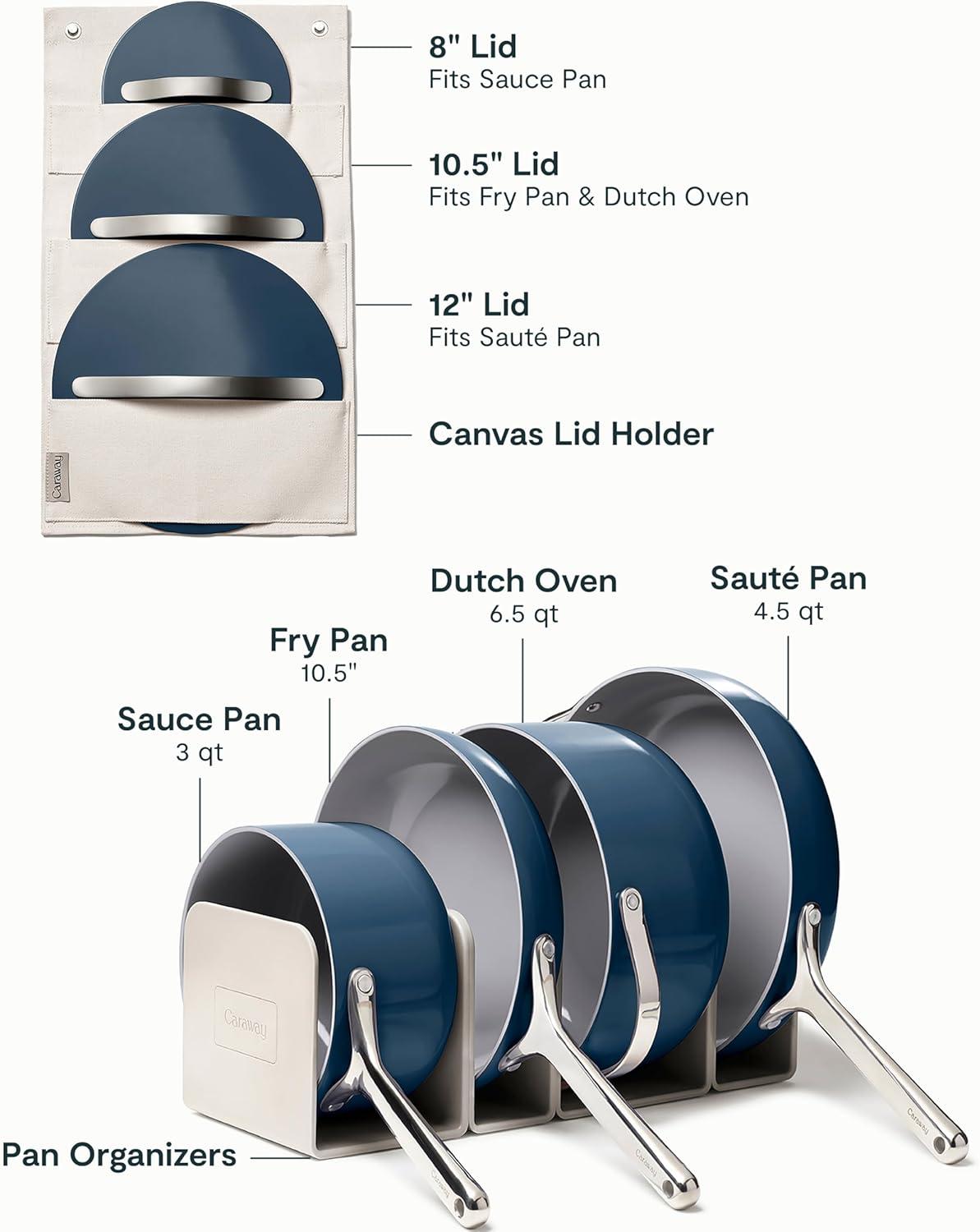 imageCaraway Deluxe Nonstick Ceramic Cookware Set 16 Piece Pots Frying Pans Lids and Kitchen Storage PFAS amp PFOA Free Oven Safe Pan Set amp Compatible with All Stovetops CreamNavy