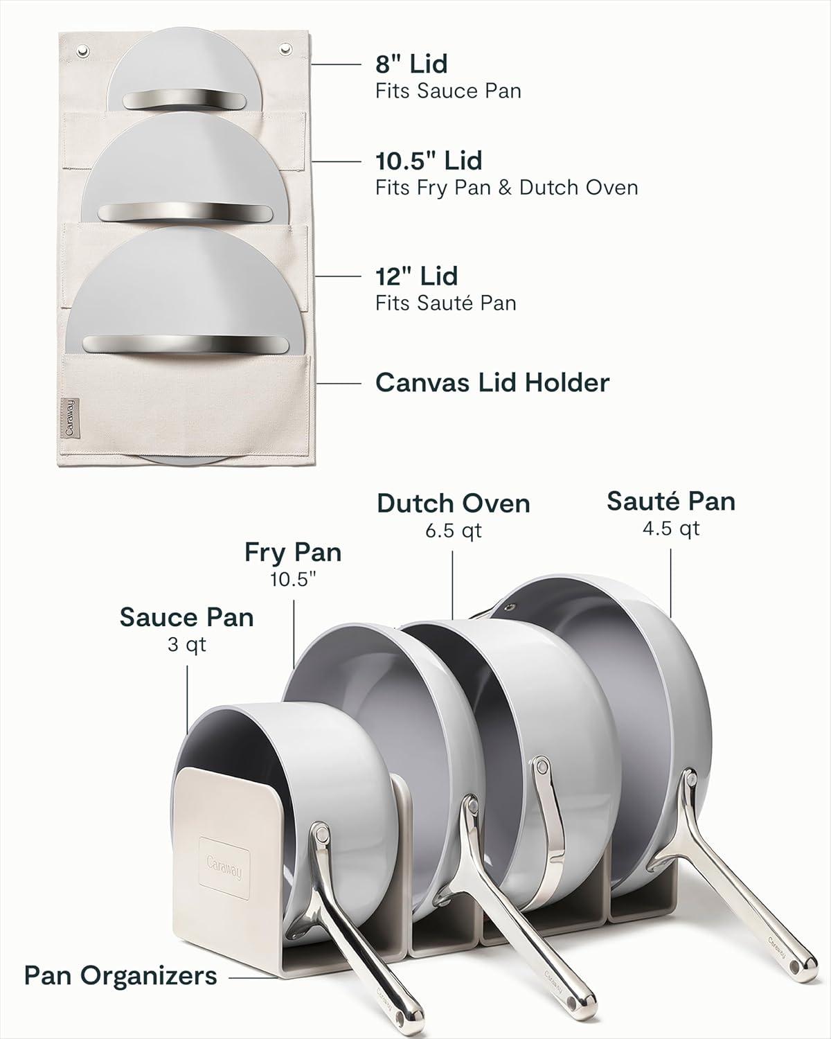 imageCaraway Deluxe Nonstick Ceramic Cookware Set 16 Piece Pots Frying Pans Lids and Kitchen Storage PFAS amp PFOA Free Oven Safe Pan Set amp Compatible with All Stovetops CreamGray
