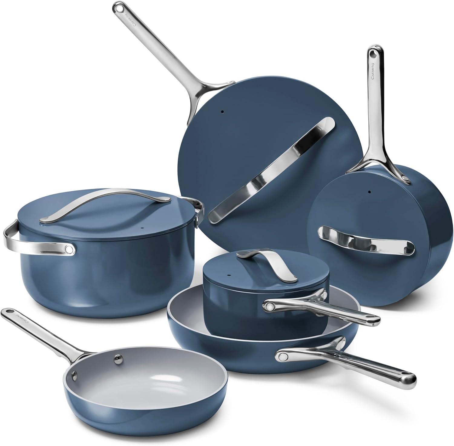 imageCaraway Deluxe Nonstick Ceramic Cookware Set 16 Piece Pots Frying Pans Lids and Kitchen Storage PFAS amp PFOA Free Oven Safe Pan Set amp Compatible with All Stovetops CreamNavy