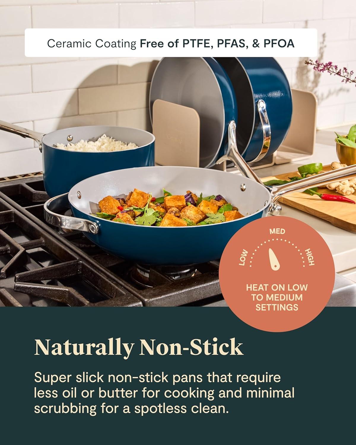 imageCaraway Deluxe Nonstick Ceramic Cookware Set 16 Piece Pots Frying Pans Lids and Kitchen Storage PFAS amp PFOA Free Oven Safe Pan Set amp Compatible with All Stovetops CreamCream