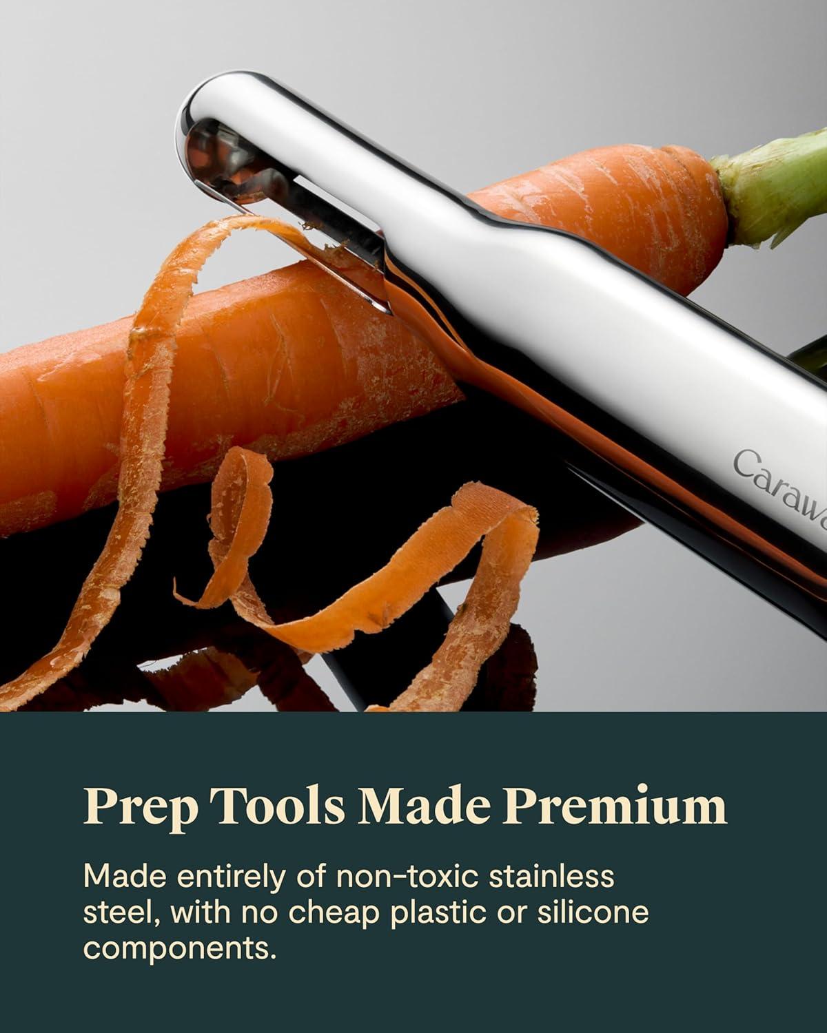 imageCaraway Kitchen Gadget Set 5 Piece Kitchen Essentials Stainless Steel Includes Can Opener Pizza Cutter Garlic Press Ice Cream Scoop Vegetable Peeler and Storage Organizer