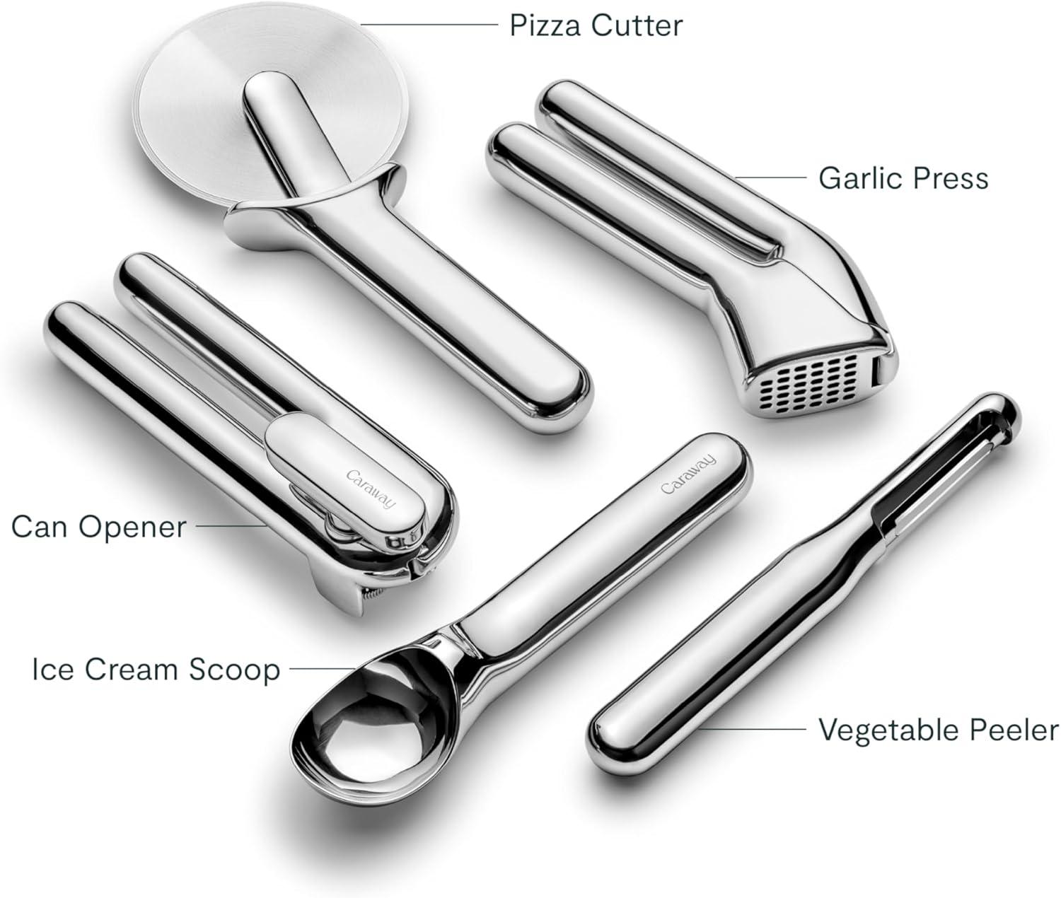 imageCaraway Kitchen Gadget Set 5 Piece Kitchen Essentials Stainless Steel Includes Can Opener Pizza Cutter Garlic Press Ice Cream Scoop Vegetable Peeler and Storage Organizer