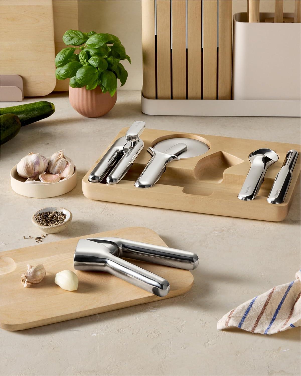 imageCaraway Kitchen Gadget Set 5 Piece Kitchen Essentials Stainless Steel Includes Can Opener Pizza Cutter Garlic Press Ice Cream Scoop Vegetable Peeler and Storage Organizer
