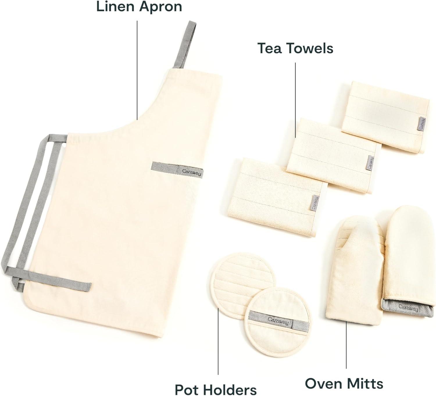 imageCaraway Linen Set Apron Pot Holders Oven Mitts amp Tea Towels 100 Organic Cotton Durable Machine WashableCream