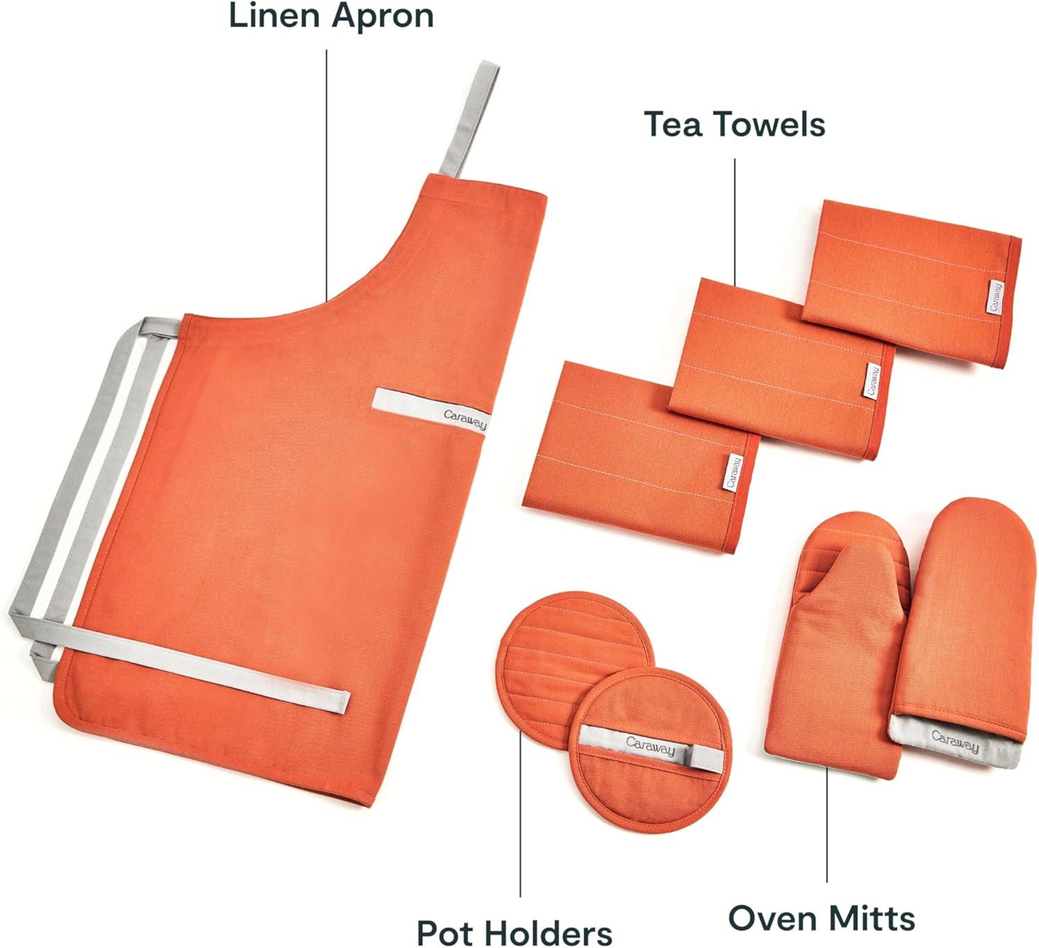 imageCaraway Linen Set Apron Pot Holders Oven Mitts amp Tea Towels 100 Organic Cotton Durable Machine WashablePerracotta