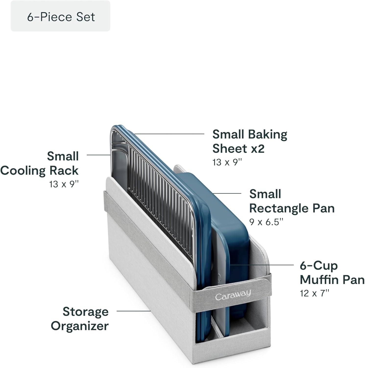 imageCaraway Mini Bakeware Set Naturally NonStick NonToxic Ceramic Coating Compact Baking Pans Set for Small Kitchens amp Ovens Includes Baking Sheets Muffin Pan Cooling Rack amp Storage CreamNavy