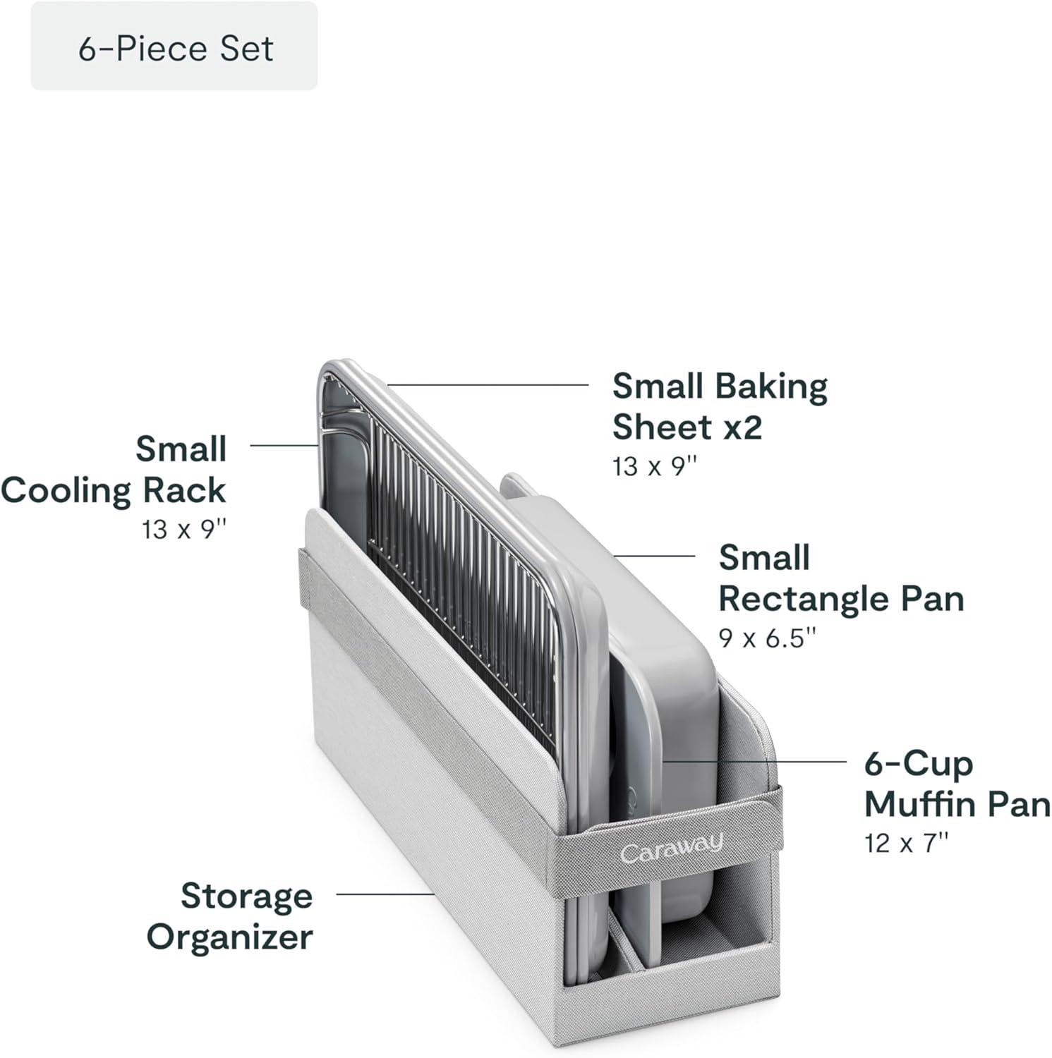 imageCaraway Mini Bakeware Set Naturally NonStick NonToxic Ceramic Coating Compact Baking Pans Set for Small Kitchens amp Ovens Includes Baking Sheets Muffin Pan Cooling Rack amp Storage CreamGray