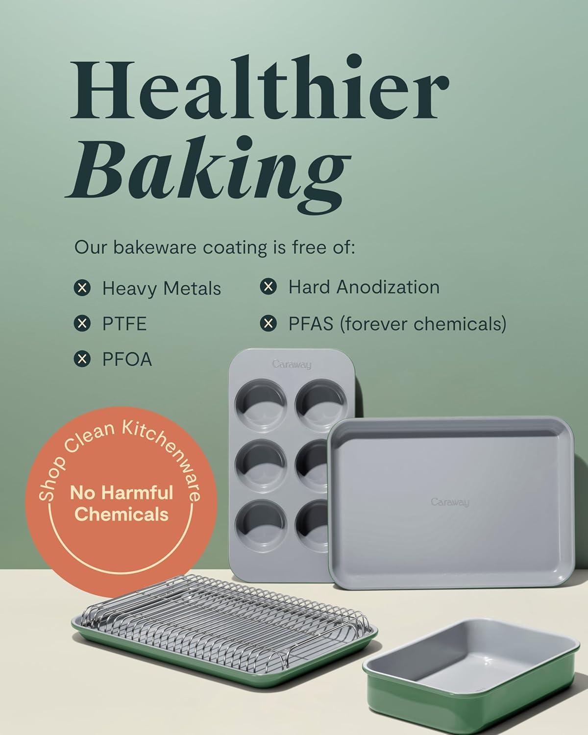 imageCaraway Mini Bakeware Set Naturally NonStick NonToxic Ceramic Coating Compact Baking Pans Set for Small Kitchens amp Ovens Includes Baking Sheets Muffin Pan Cooling Rack amp Storage CreamCream