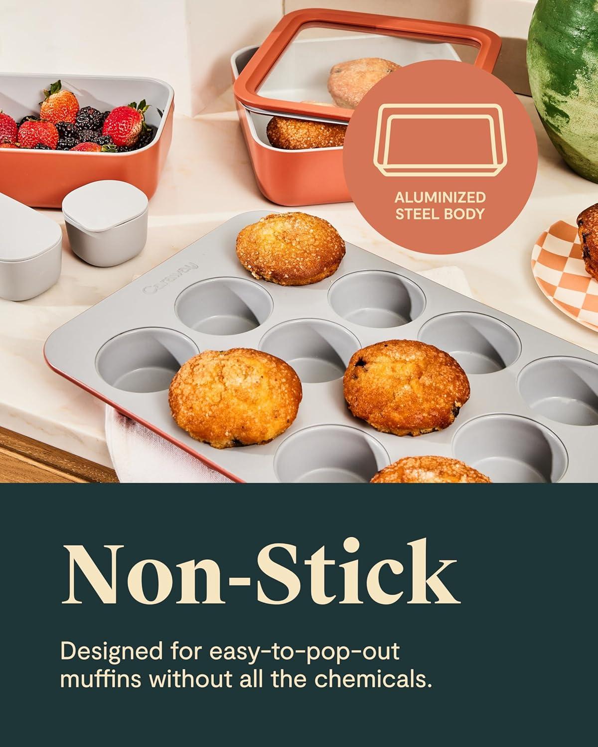 imageCaraway NonStick Ceramic 12Cup Muffin Pan Naturally Slick Ceramic Coating NonToxic PTFE amp PFOA Free Perfect for Cupcakes Muffins and More SageBlack