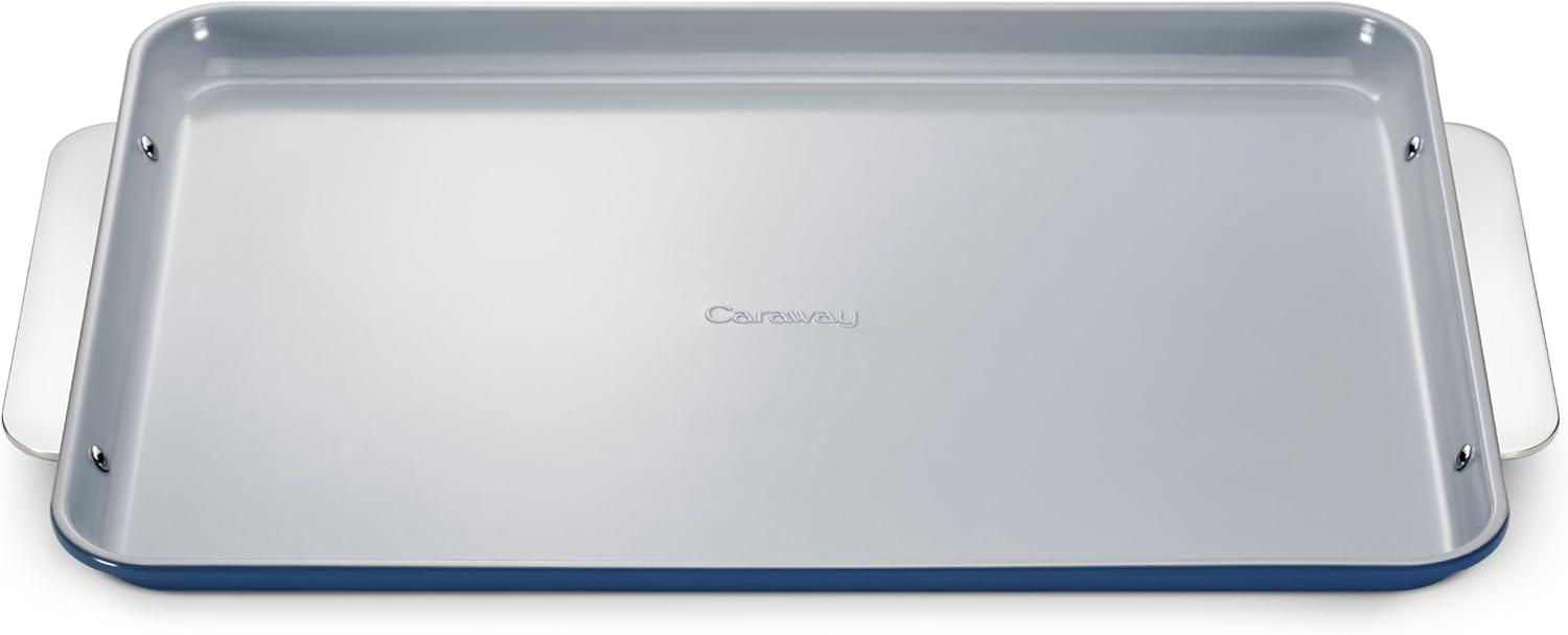 imageCaraway NonStick Ceramic Baking Sheet Naturally Slick Ceramic Coating NonToxic PTFE amp PFOA Free Perfect for Baking Roasting and More Large 18 x 13 GrayNavy
