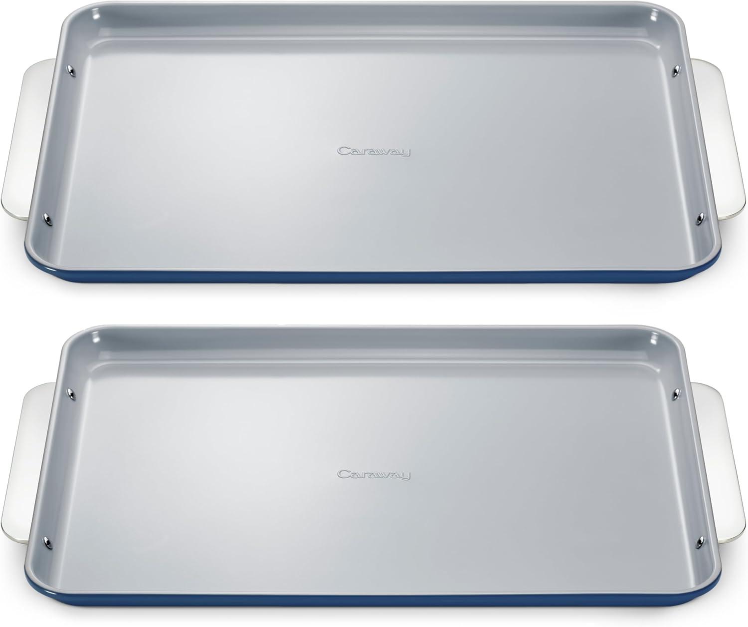 imageCaraway NonStick Ceramic Baking Sheet Naturally Slick Ceramic Coating NonToxic PTFE amp PFOA Free Perfect for Baking Roasting and More Large 18 x 13 GrayNavy