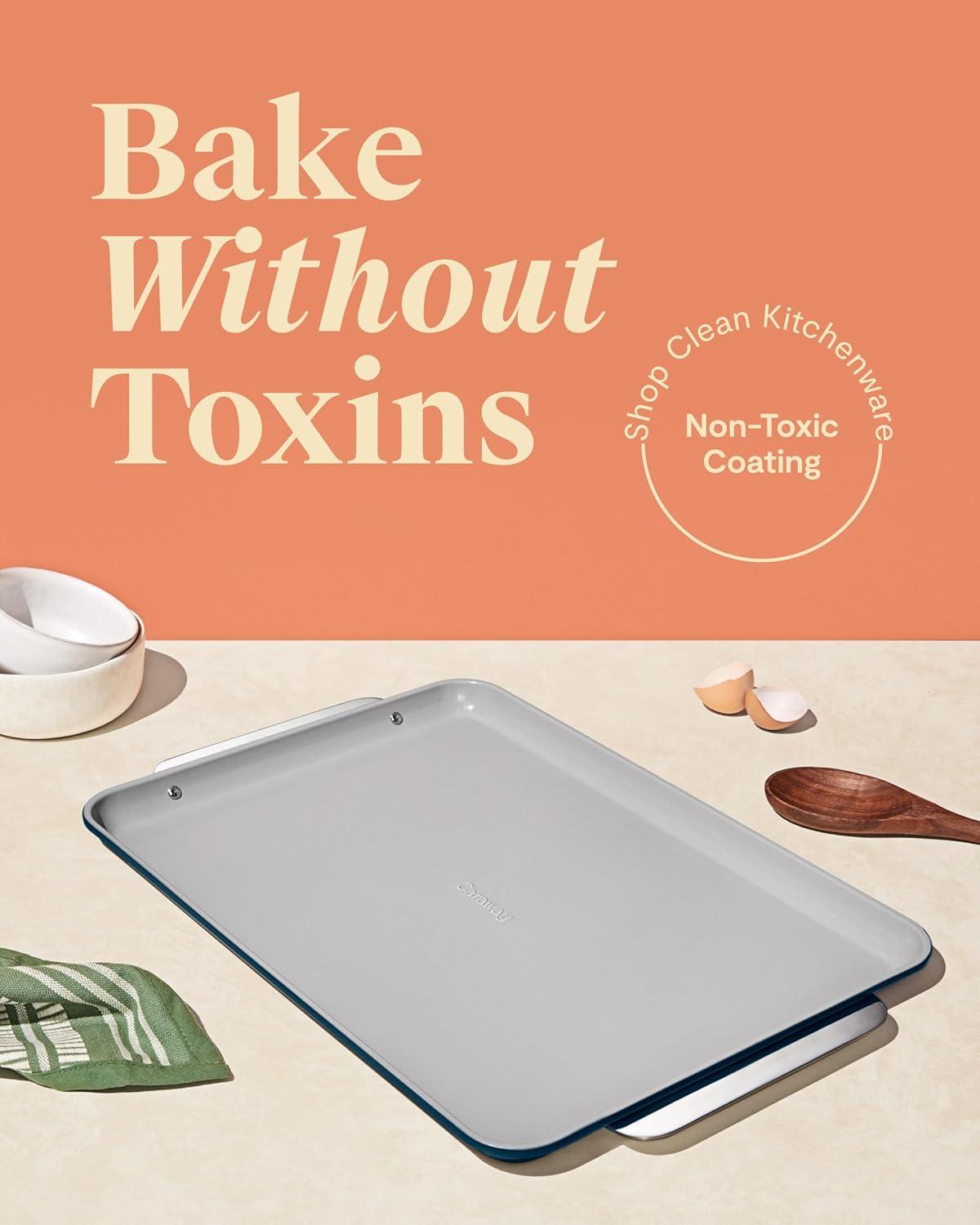 imageCaraway NonStick Ceramic Baking Sheet Naturally Slick Ceramic Coating NonToxic PTFE amp PFOA Free Perfect for Baking Roasting and More Large 18 x 13 GrayNavy