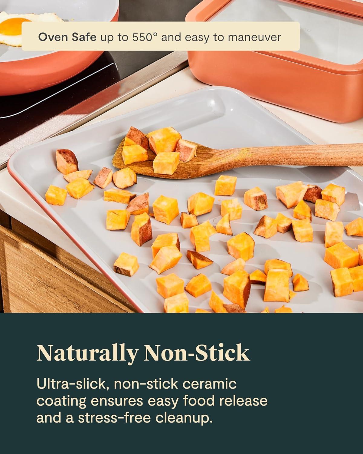 imageCaraway NonStick Ceramic Baking Sheet Naturally Slick Ceramic Coating NonToxic PTFE amp PFOA Free Perfect for Baking Roasting and More Large 18 x 13 GrayPerracotta