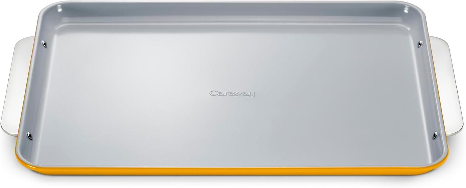 imageCaraway NonStick Ceramic Baking Sheet Naturally Slick Ceramic Coating NonToxic PTFE amp PFOA Free Perfect for Baking Roasting and More Large 18 x 13 GrayMarigold