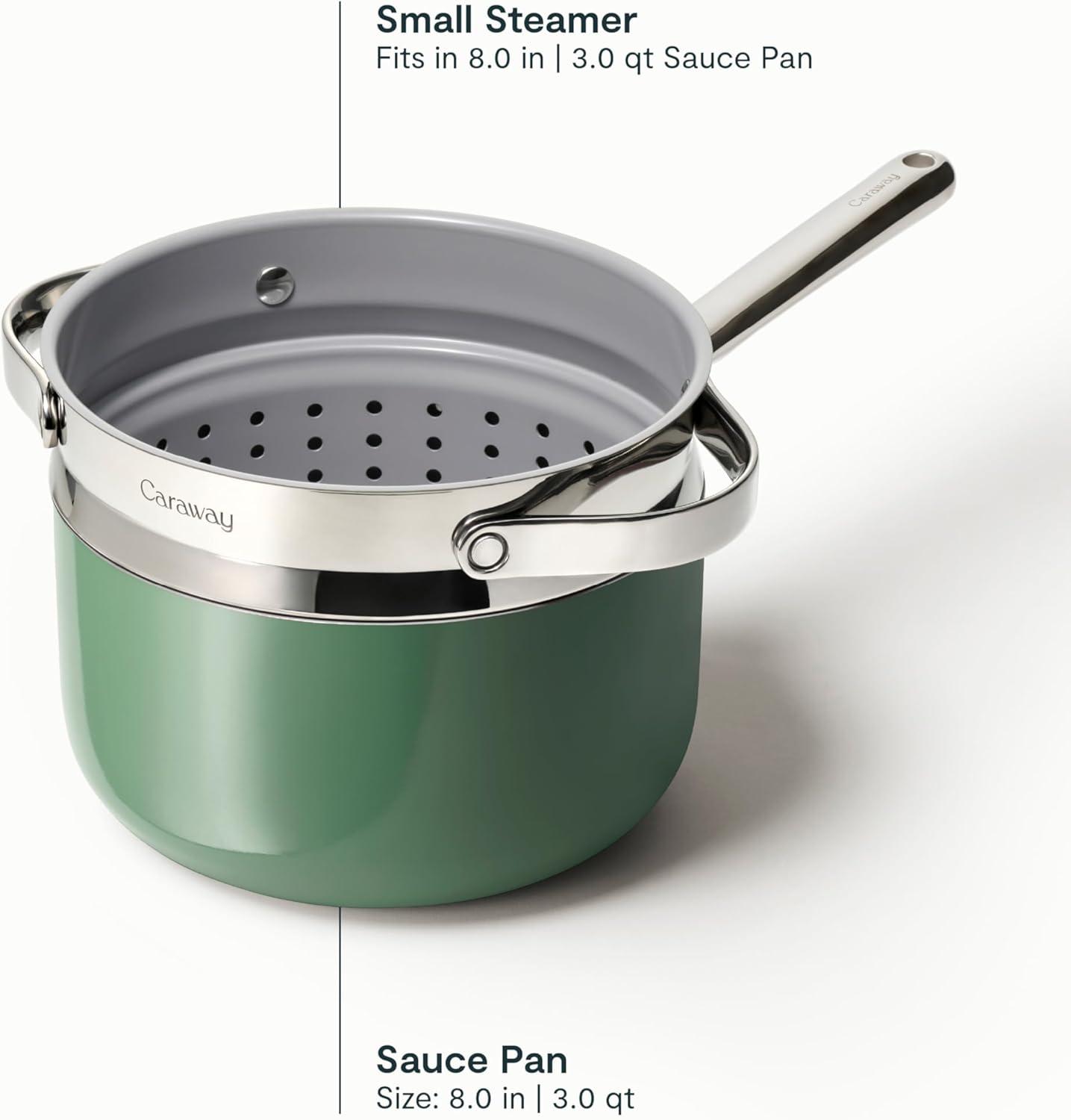 imageCaraway Nonstick 3 Qt Ceramic Sauce Pan with Lid amp Steamer Non Toxic PTFE amp PFOA Free Oven Safe amp Compatible with All Stovetops Gas Electric amp Induction WhiteGray