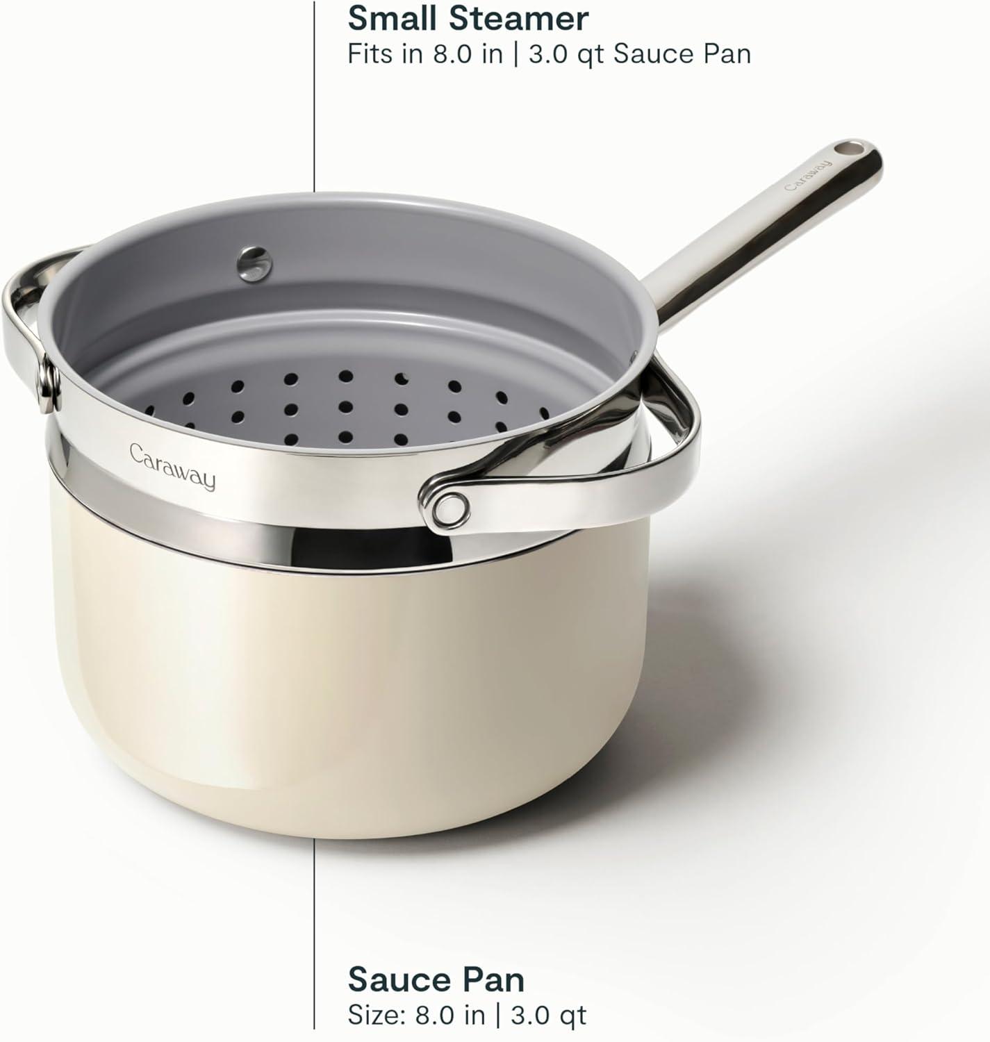 imageCaraway Nonstick 3 Qt Ceramic Sauce Pan with Lid amp Steamer Non Toxic PTFE amp PFOA Free Oven Safe amp Compatible with All Stovetops Gas Electric amp Induction WhiteCream