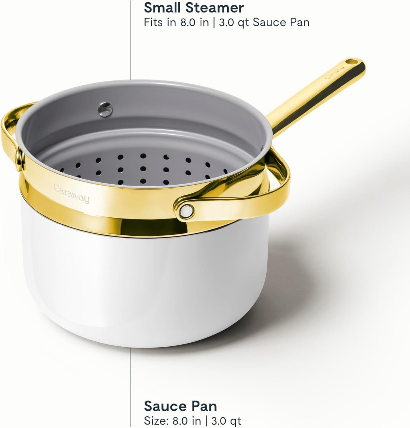 imageCaraway Nonstick 3 Qt Ceramic Sauce Pan with Lid amp Steamer Non Toxic PTFE amp PFOA Free Oven Safe amp Compatible with All Stovetops Gas Electric amp Induction WhiteWhite