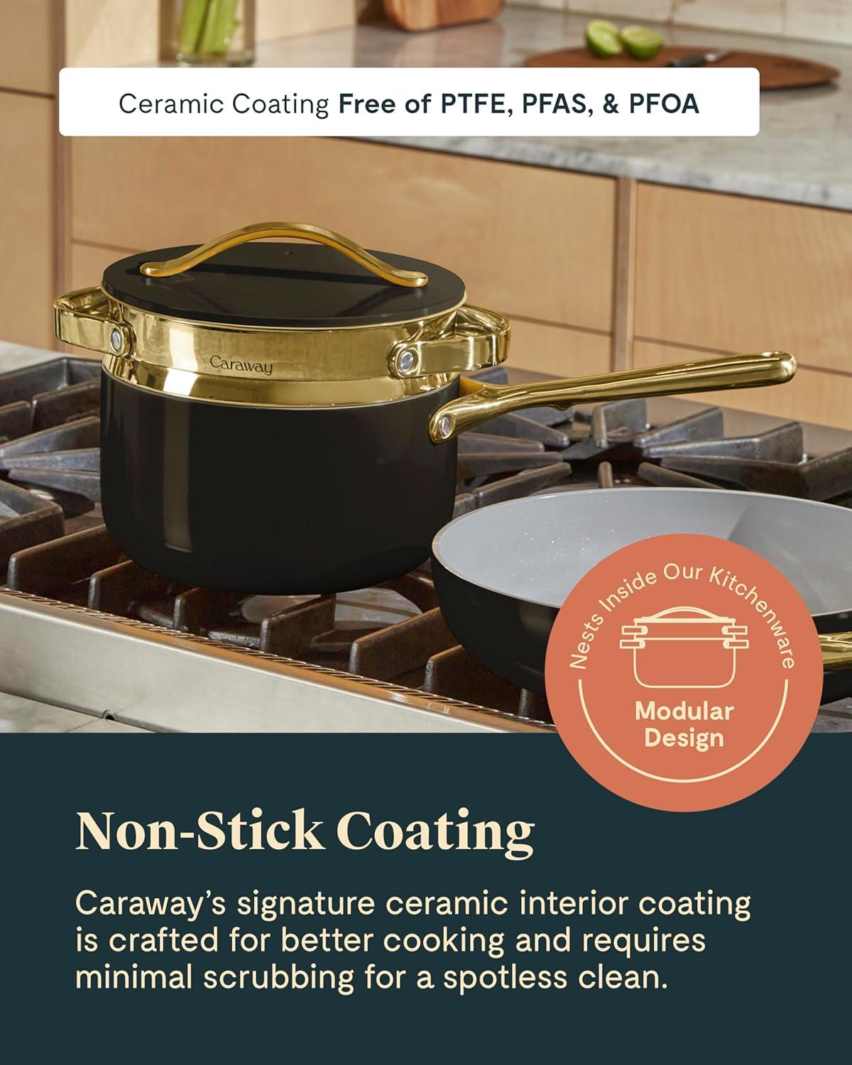 imageCaraway Nonstick 3 Qt Ceramic Sauce Pan with Lid amp Steamer Non Toxic PTFE amp PFOA Free Oven Safe amp Compatible with All Stovetops Gas Electric amp Induction WhiteWhite