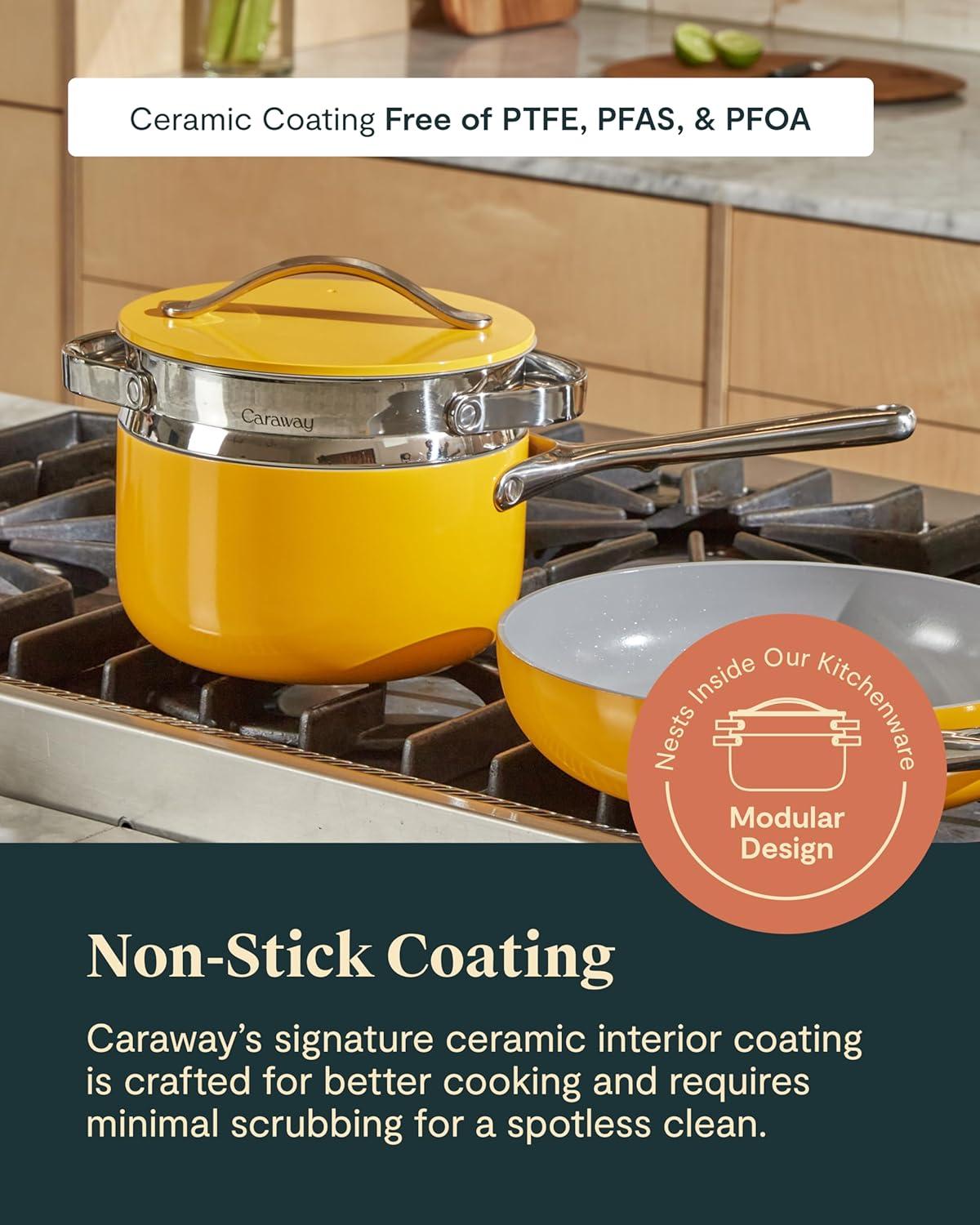 imageCaraway Nonstick 3 Qt Ceramic Sauce Pan with Lid amp Steamer Non Toxic PTFE amp PFOA Free Oven Safe amp Compatible with All Stovetops Gas Electric amp Induction WhitePeracotta