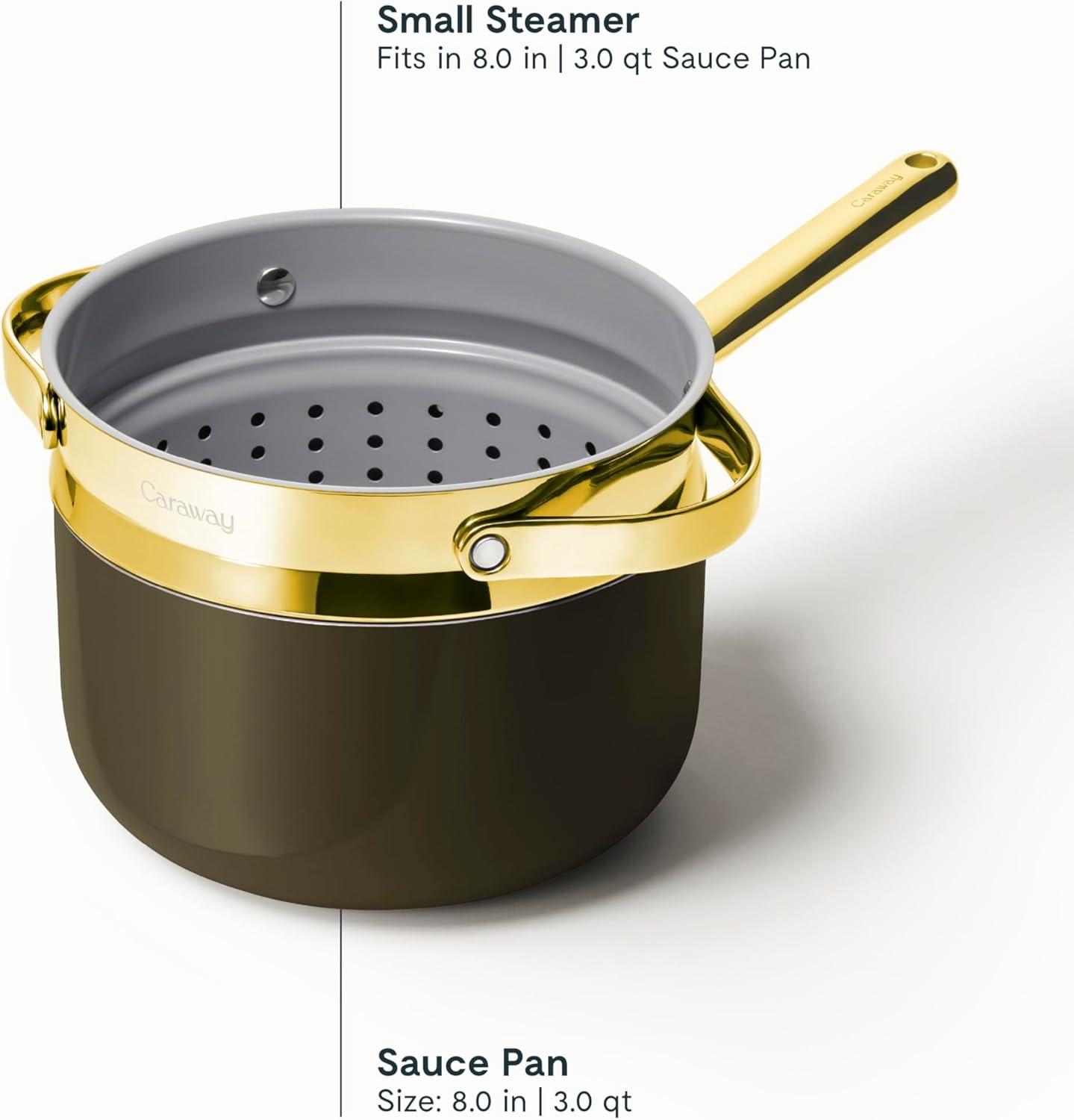 imageCaraway Nonstick 3 Qt Ceramic Sauce Pan with Lid amp Steamer Non Toxic PTFE amp PFOA Free Oven Safe amp Compatible with All Stovetops Gas Electric amp Induction WhiteBlack