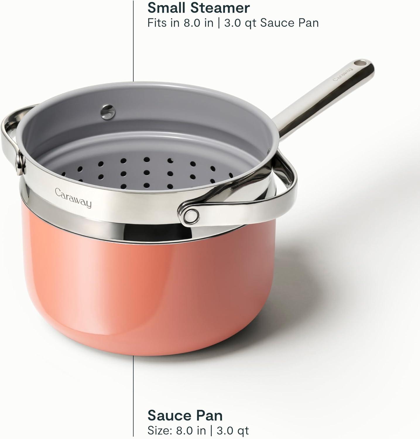 imageCaraway Nonstick 3 Qt Ceramic Sauce Pan with Lid amp Steamer Non Toxic PTFE amp PFOA Free Oven Safe amp Compatible with All Stovetops Gas Electric amp Induction WhitePeracotta