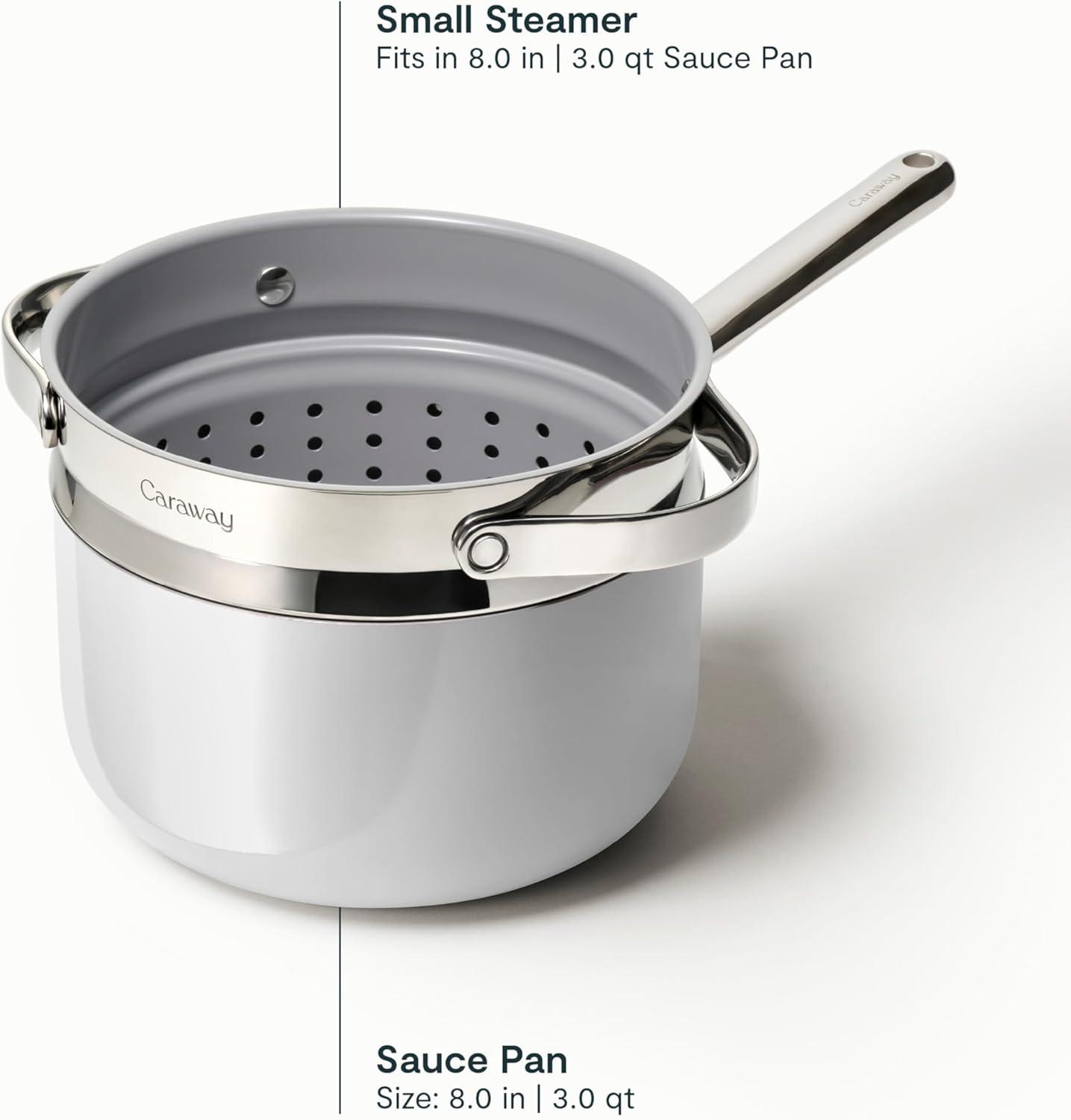 imageCaraway Nonstick 3 Qt Ceramic Sauce Pan with Lid amp Steamer Non Toxic PTFE amp PFOA Free Oven Safe amp Compatible with All Stovetops Gas Electric amp Induction WhiteSage