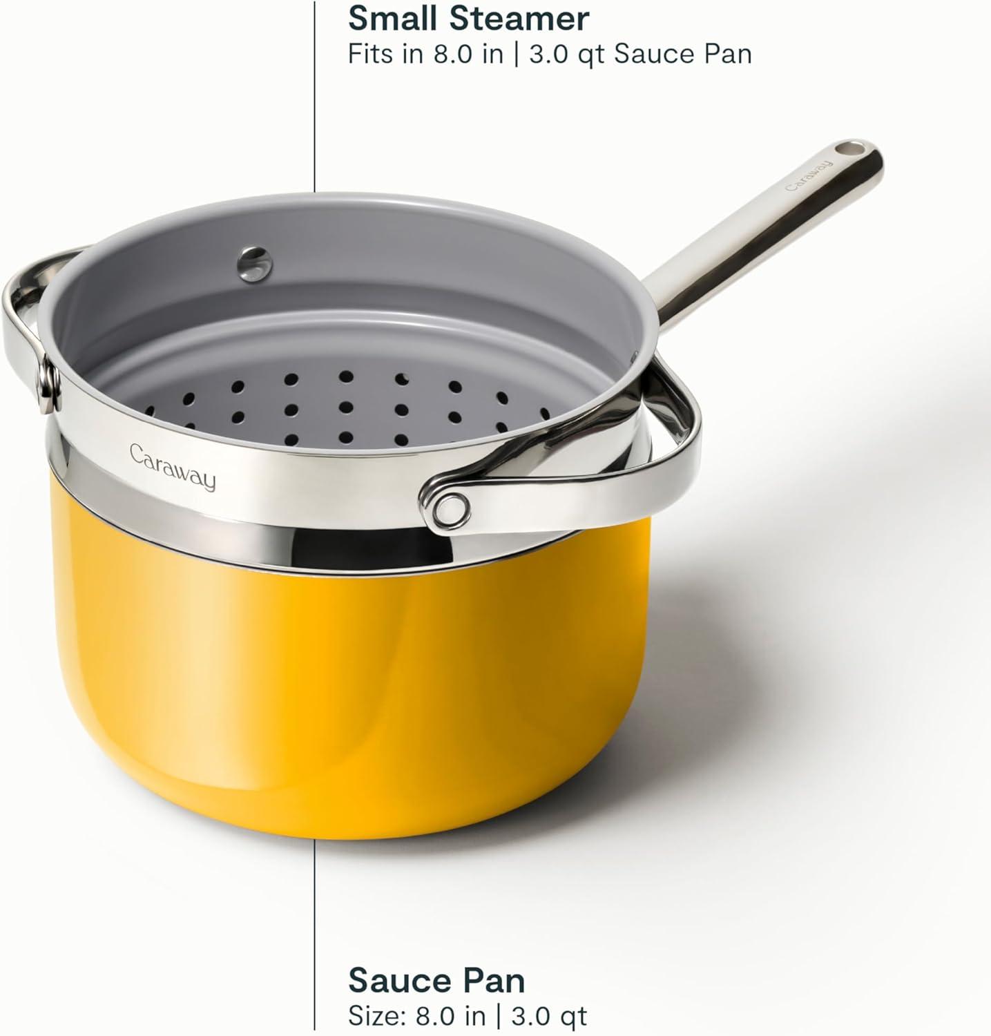 imageCaraway Nonstick 3 Qt Ceramic Sauce Pan with Lid amp Steamer Non Toxic PTFE amp PFOA Free Oven Safe amp Compatible with All Stovetops Gas Electric amp Induction WhiteMarigold