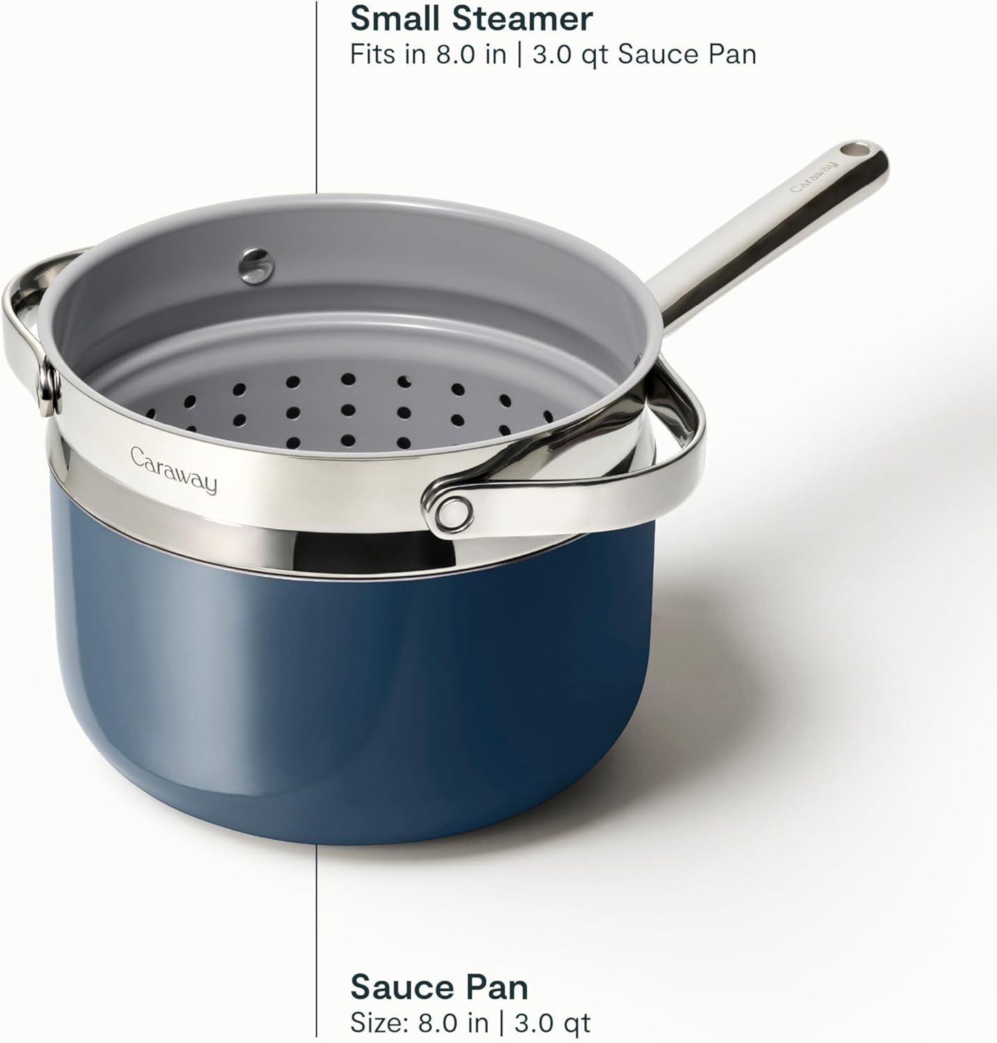 imageCaraway Nonstick 3 Qt Ceramic Sauce Pan with Lid amp Steamer Non Toxic PTFE amp PFOA Free Oven Safe amp Compatible with All Stovetops Gas Electric amp Induction WhiteNavy