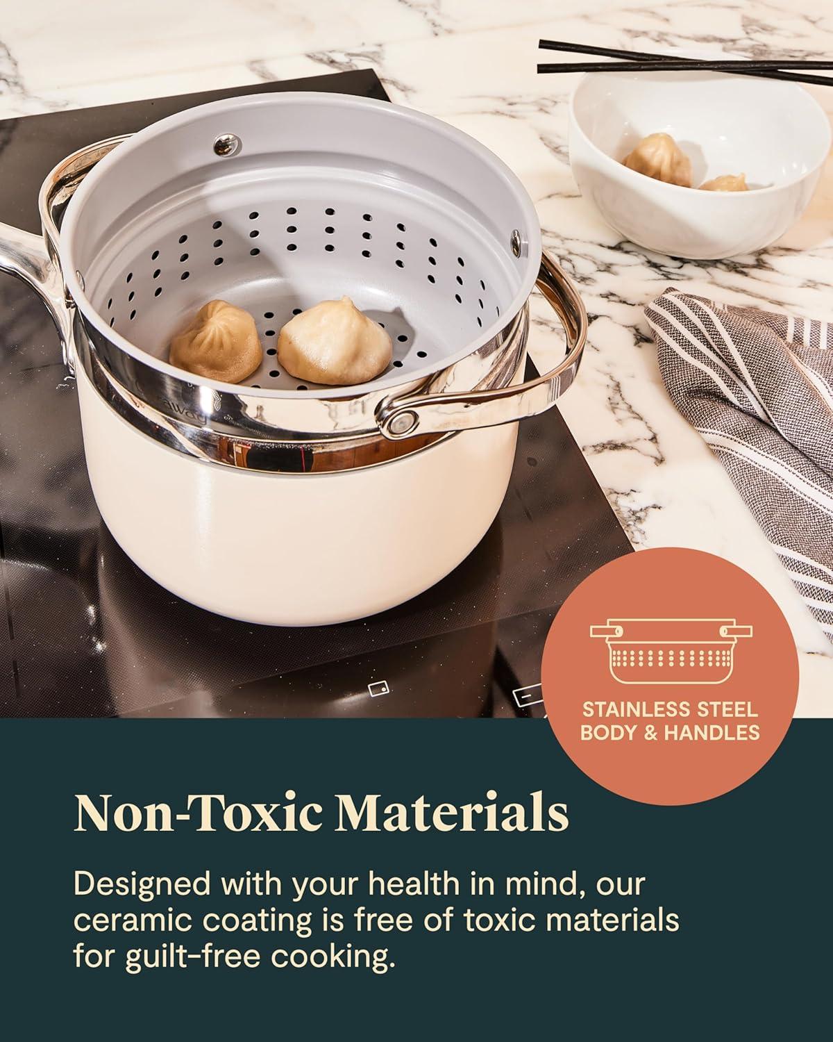 imageCaraway Nonstick 3 Qt Ceramic Sauce Pan with Lid amp Steamer Non Toxic PTFE amp PFOA Free Oven Safe amp Compatible with All Stovetops Gas Electric amp Induction WhiteNavy