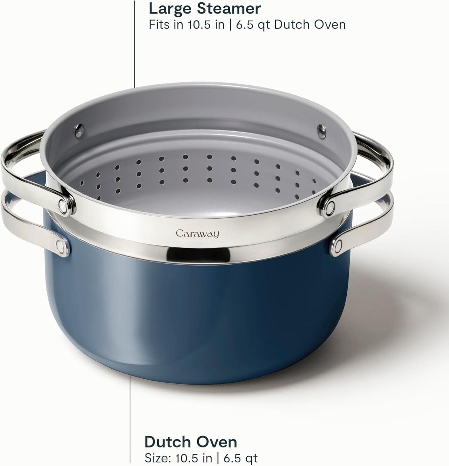 imageCaraway Nonstick Ceramic Dutch Oven Pot with Lid amp Steamer 65 qt 105 Non Toxic PTFE amp PFOA Free Oven Safe amp Compatible with All Stovetops Gas Electric amp Induction WhiteNavy