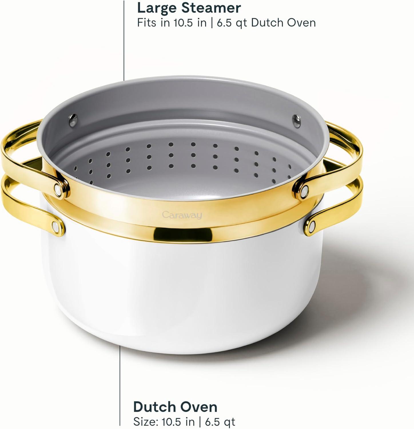 imageCaraway Nonstick Ceramic Dutch Oven Pot with Lid amp Steamer 65 qt 105 Non Toxic PTFE amp PFOA Free Oven Safe amp Compatible with All Stovetops Gas Electric amp Induction WhiteWhite