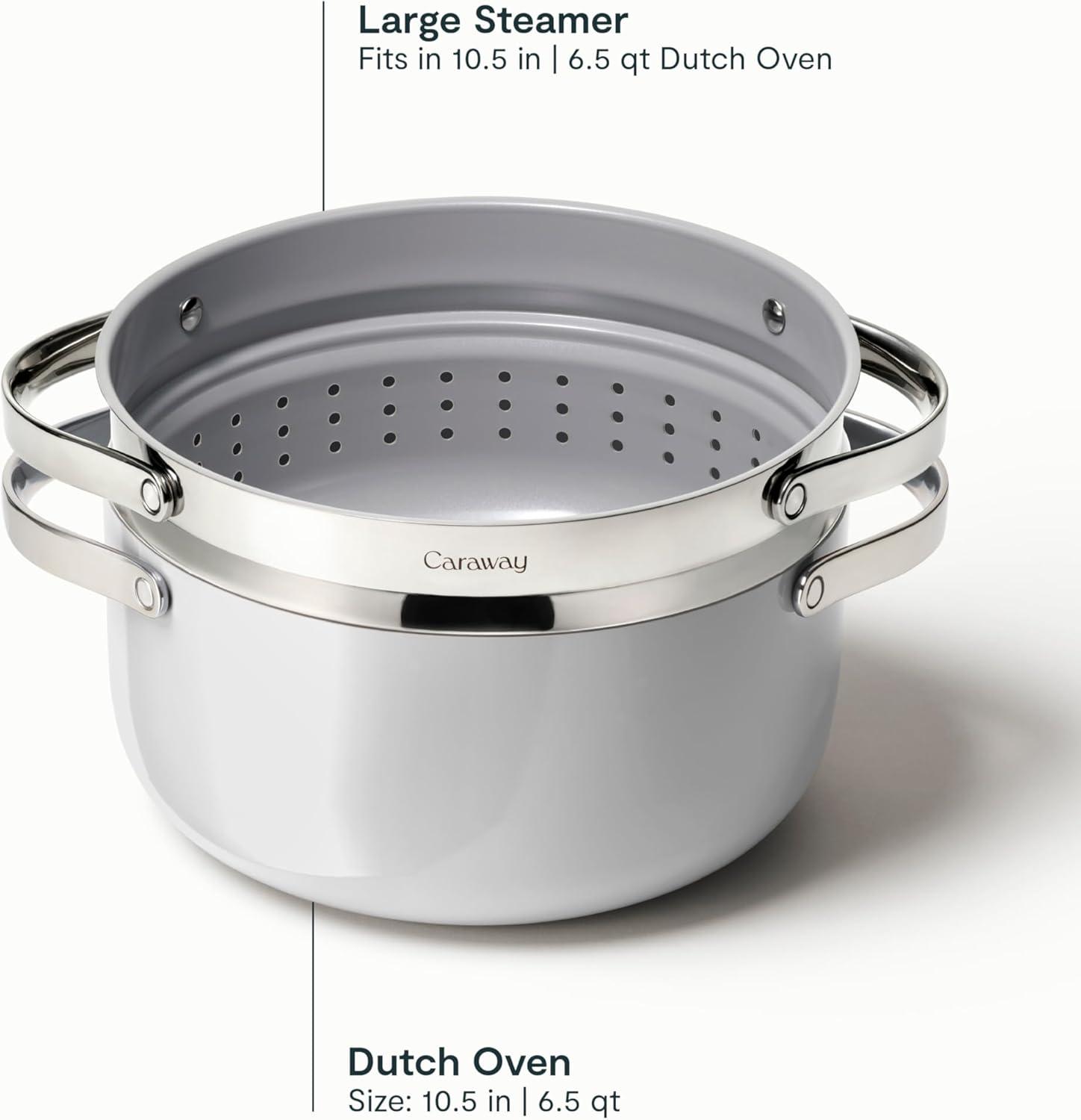 imageCaraway Nonstick Ceramic Dutch Oven Pot with Lid amp Steamer 65 qt 105 Non Toxic PTFE amp PFOA Free Oven Safe amp Compatible with All Stovetops Gas Electric amp Induction WhiteSage