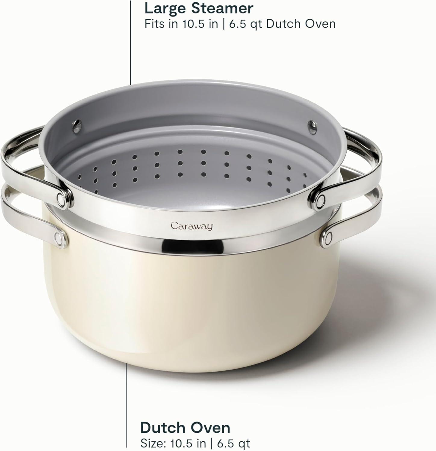 imageCaraway Nonstick Ceramic Dutch Oven Pot with Lid amp Steamer 65 qt 105 Non Toxic PTFE amp PFOA Free Oven Safe amp Compatible with All Stovetops Gas Electric amp Induction WhiteCream