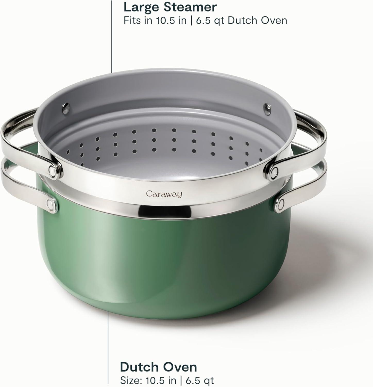 imageCaraway Nonstick Ceramic Dutch Oven Pot with Lid amp Steamer 65 qt 105 Non Toxic PTFE amp PFOA Free Oven Safe amp Compatible with All Stovetops Gas Electric amp Induction WhiteGray
