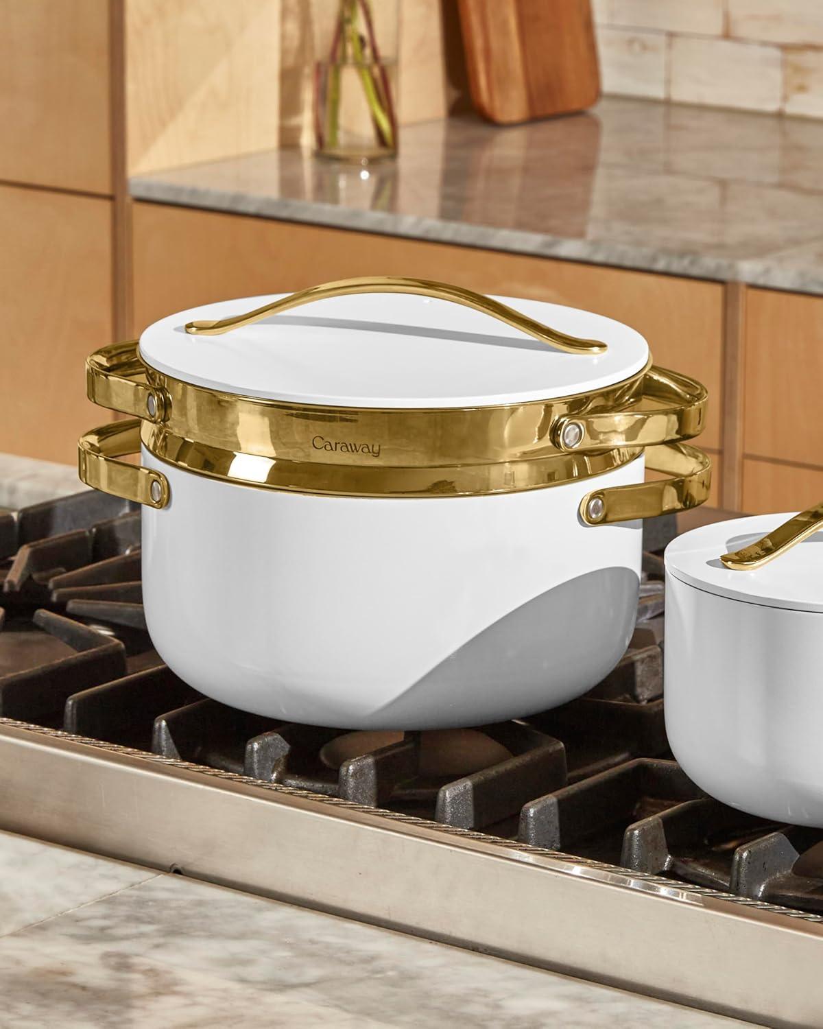 imageCaraway Nonstick Ceramic Dutch Oven Pot with Lid amp Steamer 65 qt 105 Non Toxic PTFE amp PFOA Free Oven Safe amp Compatible with All Stovetops Gas Electric amp Induction WhiteWhite